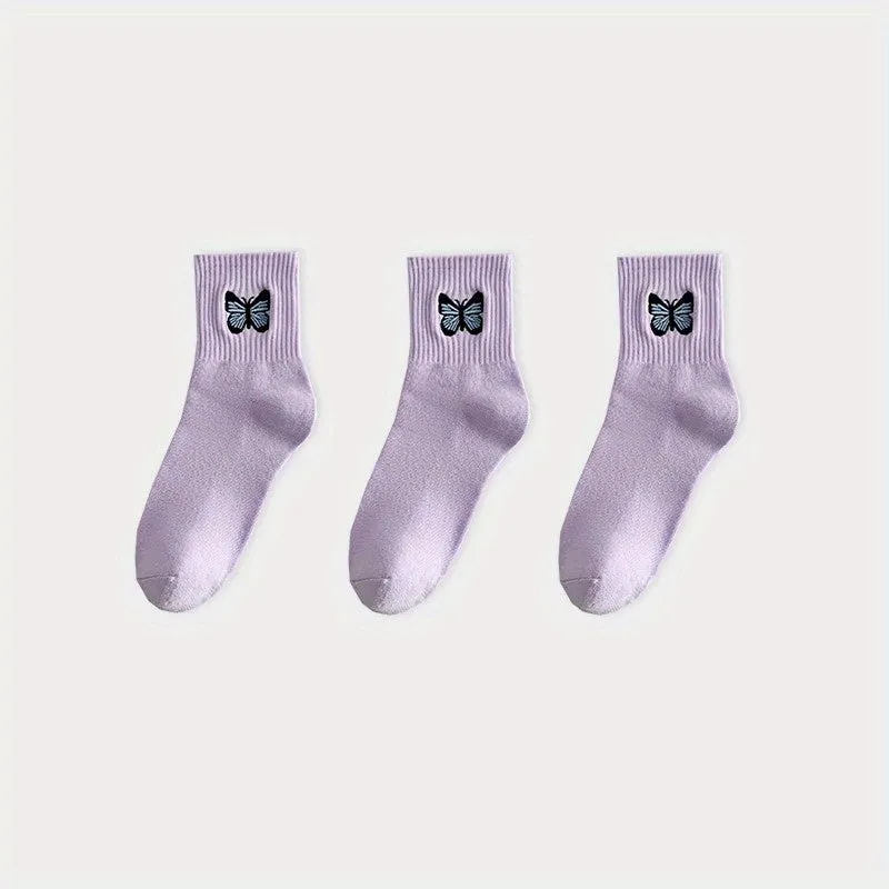 Charming Butterfly Print Socks Comfy Breathable Mid Tube Socks