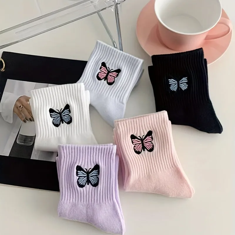 Charming Butterfly Print Socks Comfy Breathable Mid Tube Socks