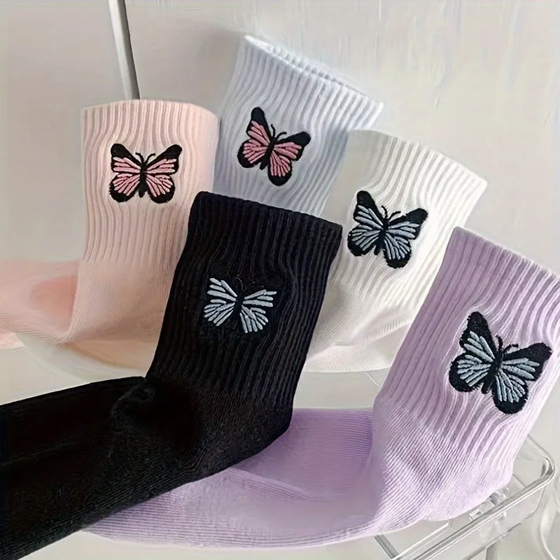 Charming Butterfly Print Socks Comfy Breathable Mid Tube Socks