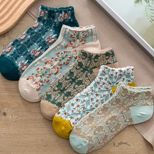 Chic Vintage Court Style Ankle Socks Flower Geometric Design