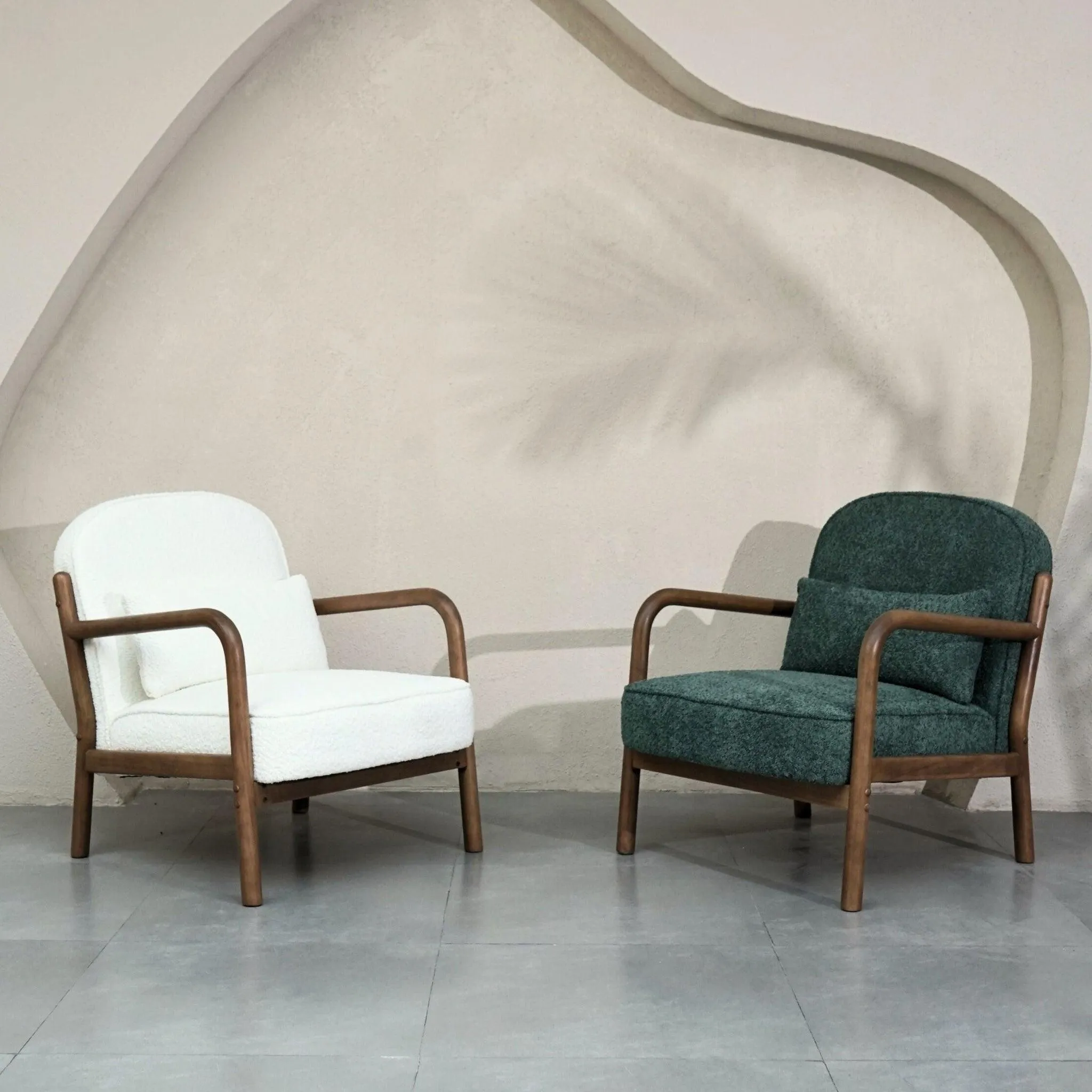 Elara Boucle Armchair | Wooden Cushion Chair