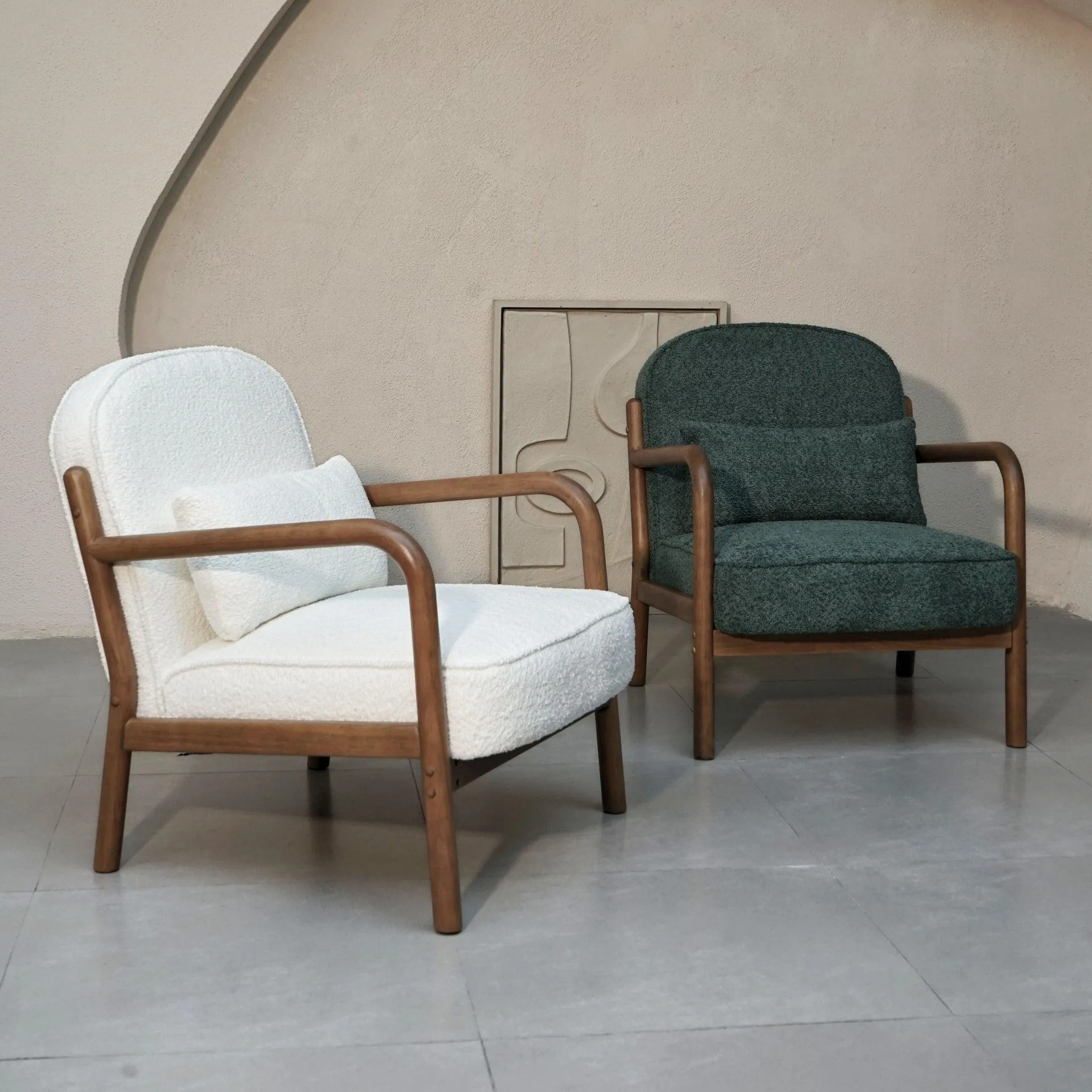 Elara Boucle Armchair | Wooden Cushion Chair