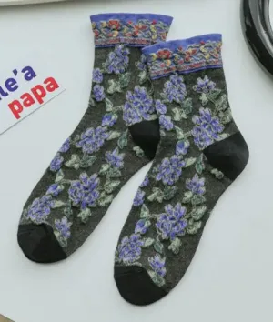 Embossed Flower Pattern Quarter Sock -Black