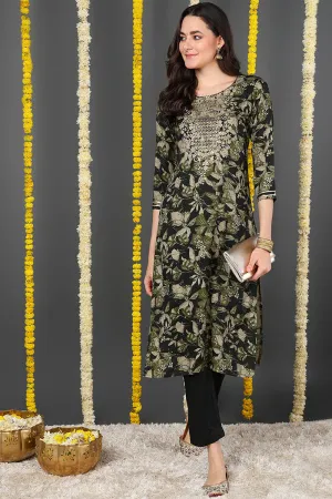 Green Silk Blend Floral Printed Straight Kurta