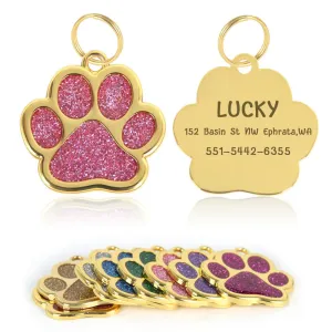 Personalized Pet ID Collar Tags - Custom Engraved Cat & Dog Name Necklace with Gold Paw Glitter Pendant