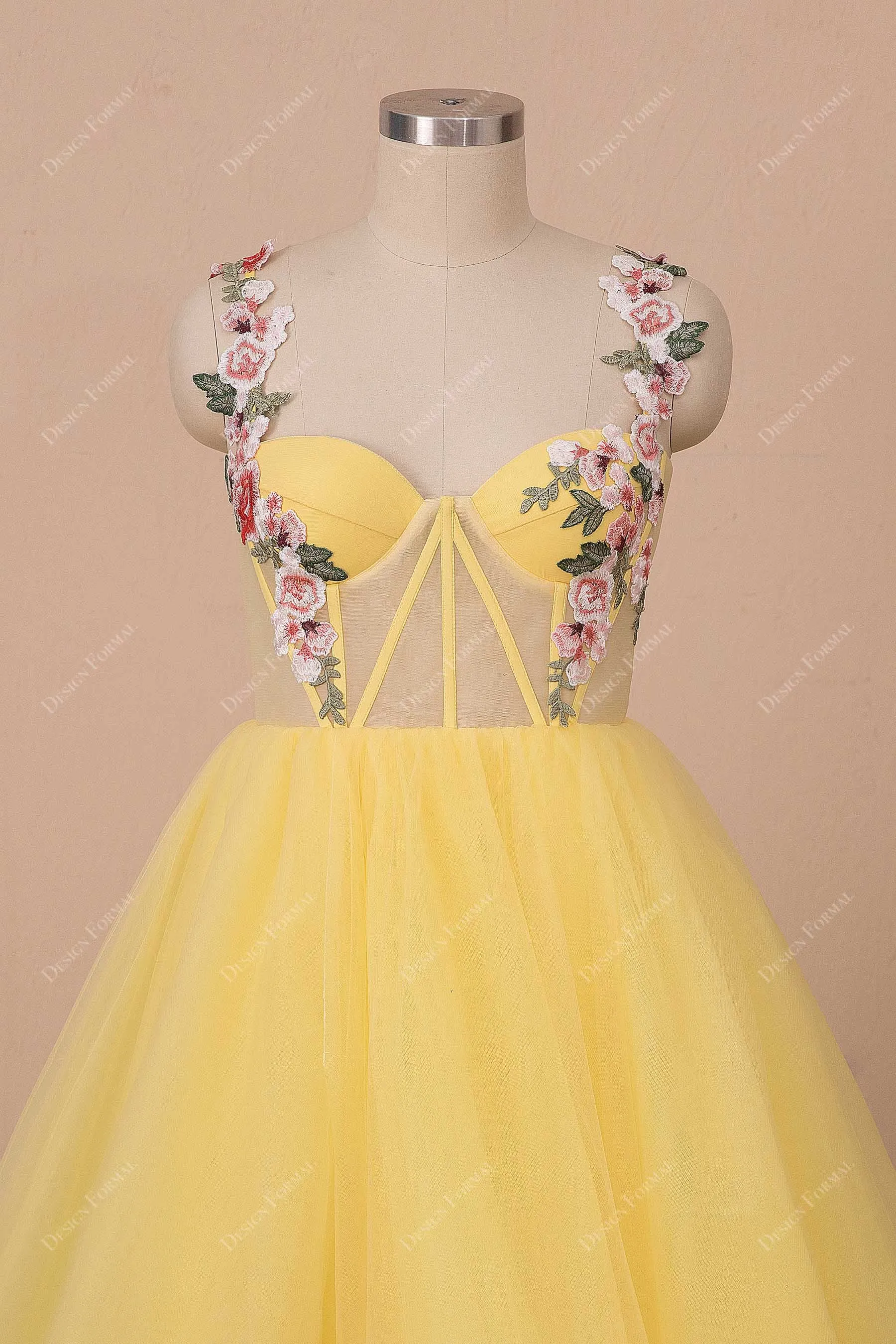 Yellow Tulle Corset Embroidered Straps Slit Fairy Dress