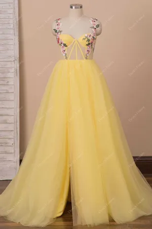 Yellow Tulle Corset Embroidered Straps Slit Fairy Dress