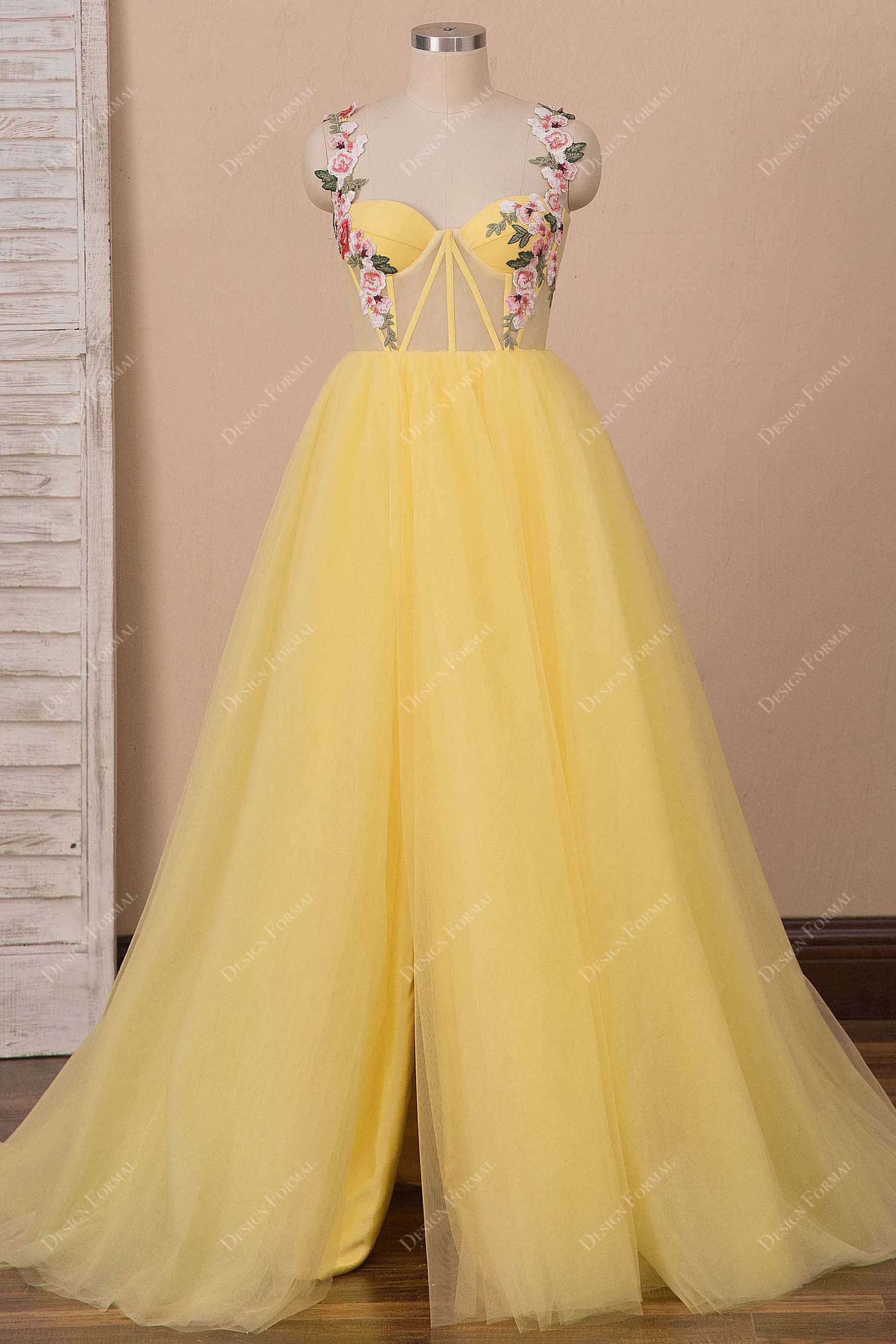 Yellow Tulle Corset Embroidered Straps Slit Fairy Dress