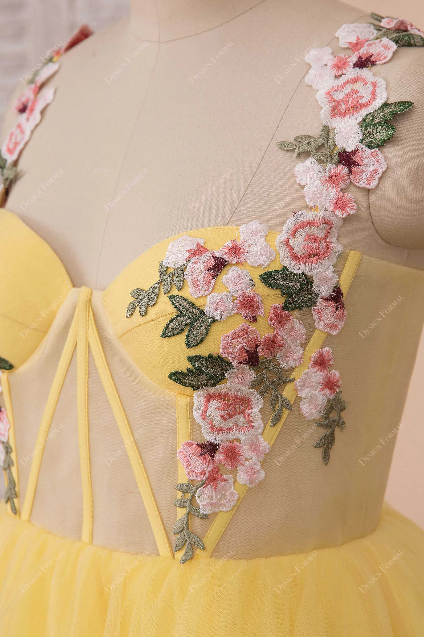 Yellow Tulle Corset Embroidered Straps Slit Fairy Dress