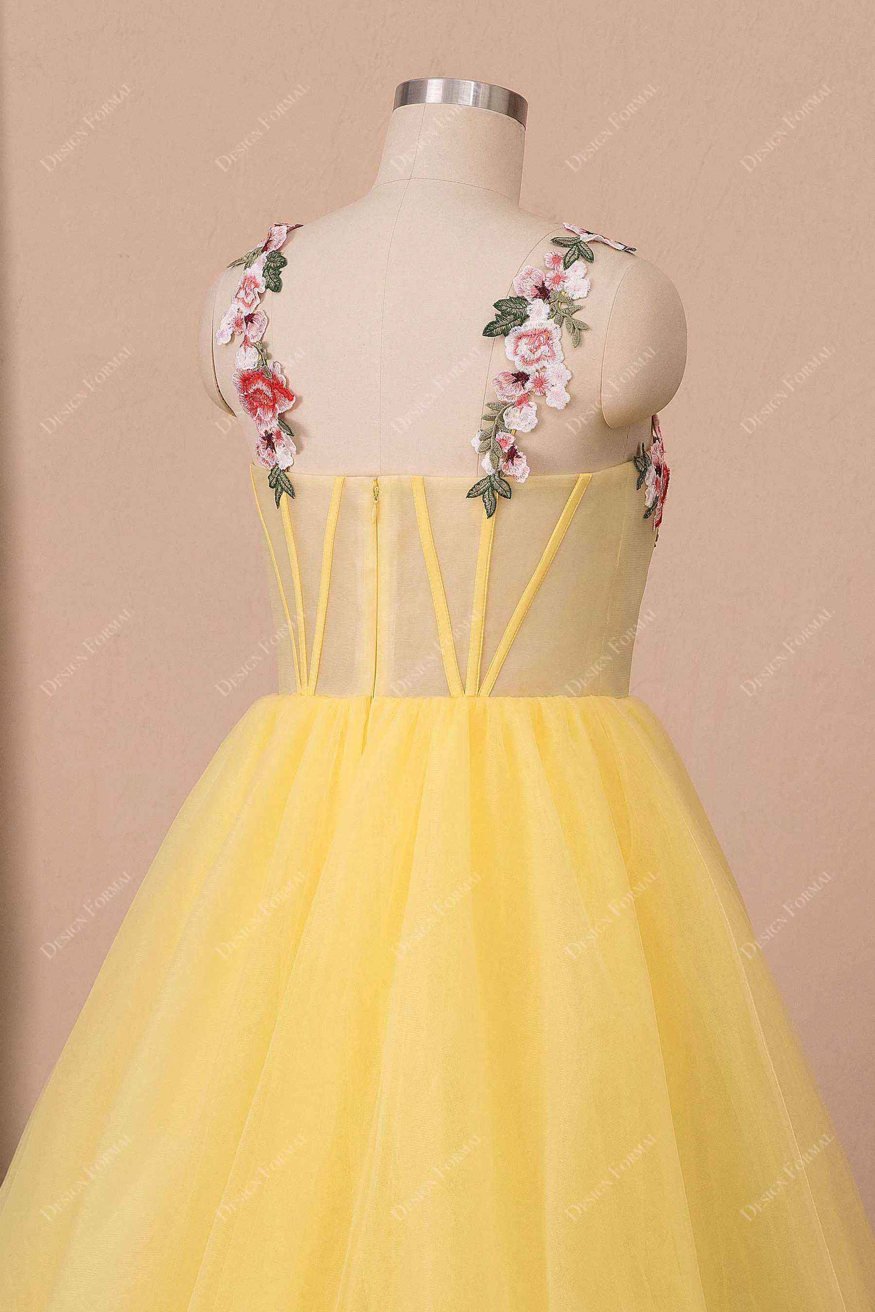 Yellow Tulle Corset Embroidered Straps Slit Fairy Dress