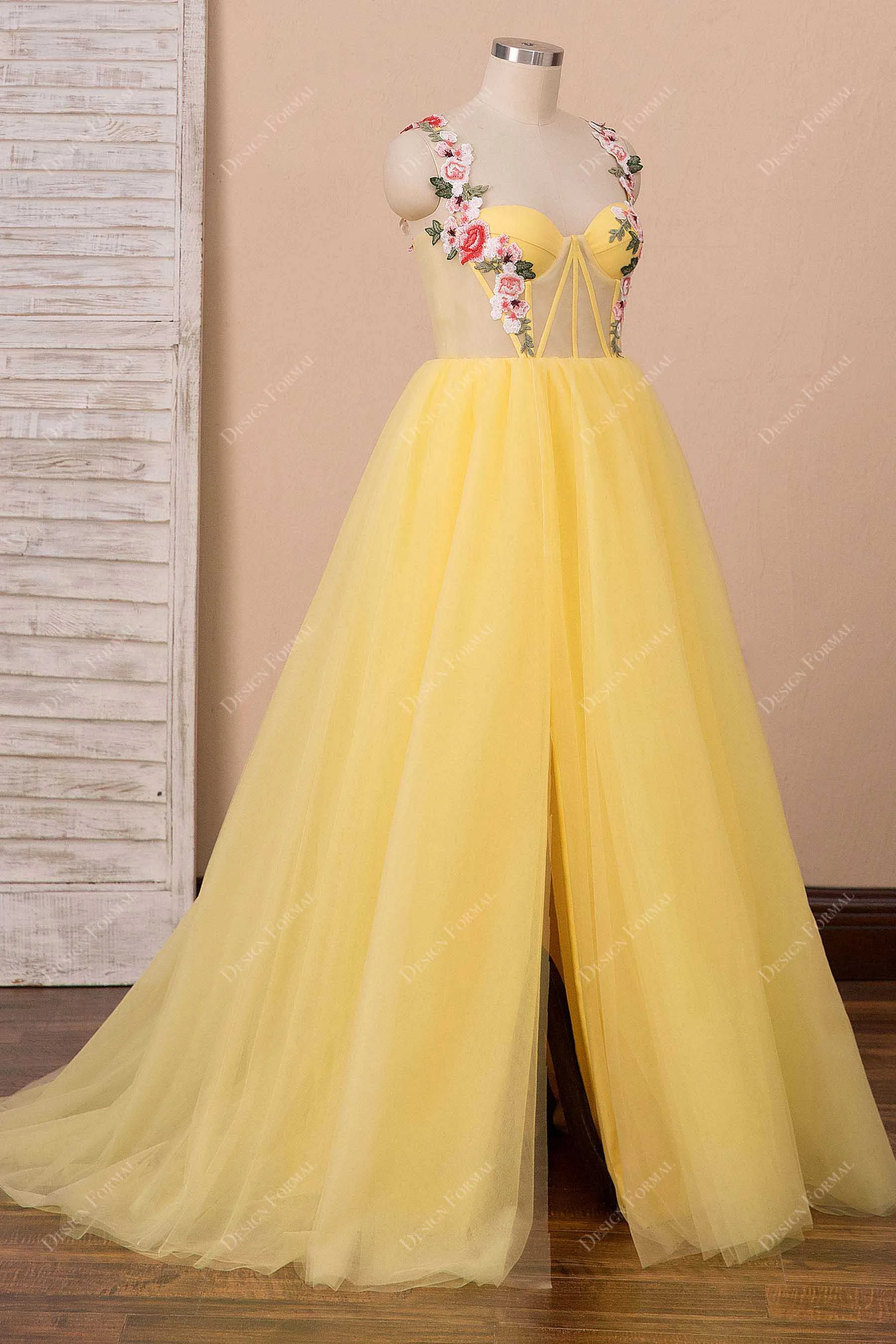 Yellow Tulle Corset Embroidered Straps Slit Fairy Dress