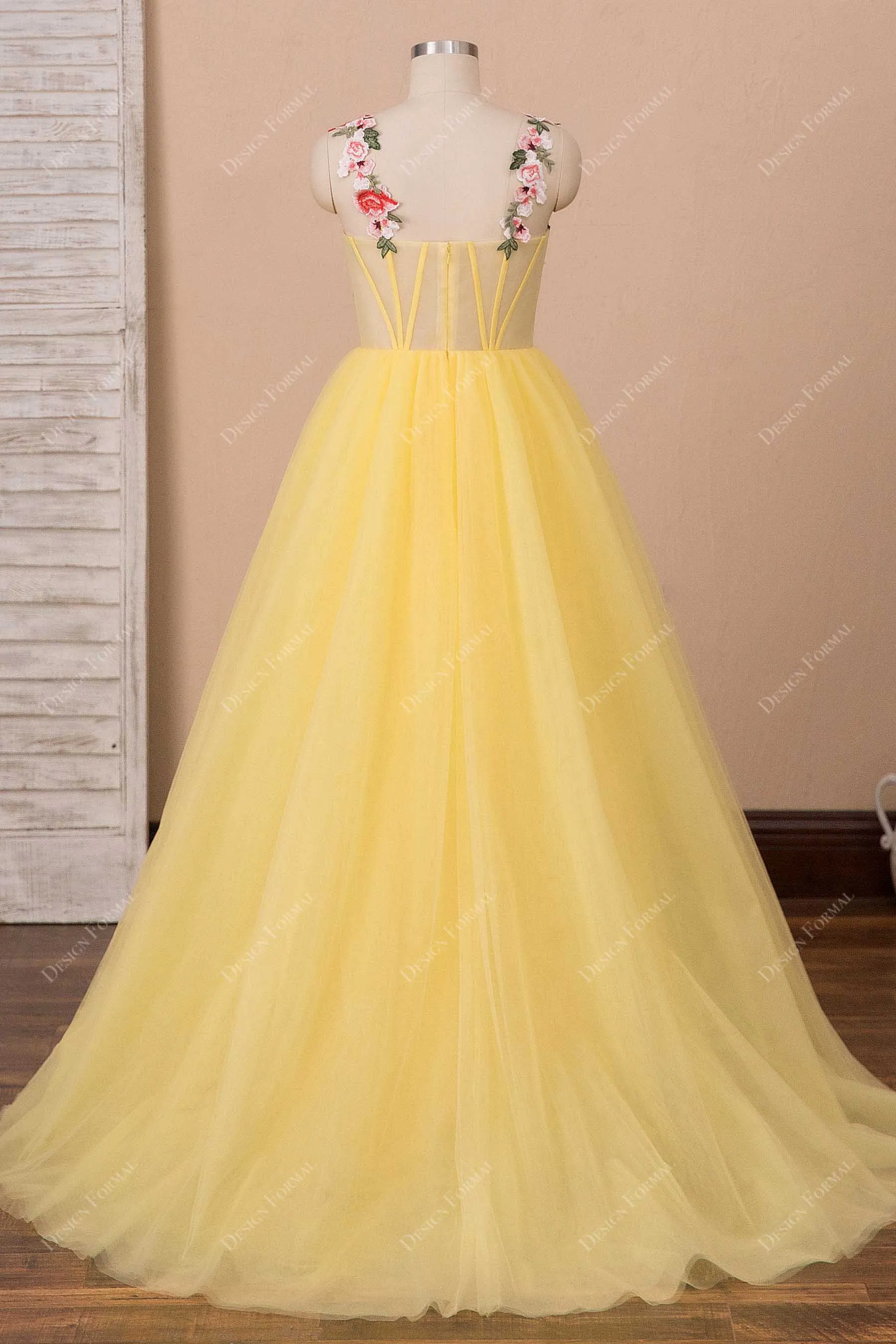 Yellow Tulle Corset Embroidered Straps Slit Fairy Dress